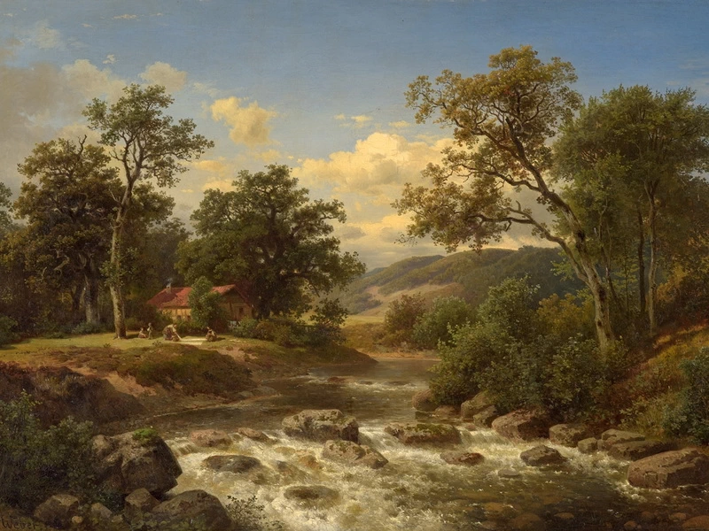 1817-Johann Baptist Wilhelm August Weber - Paesaggio boscoso con un ruscello di montagna e donne che candeggiano il bucato